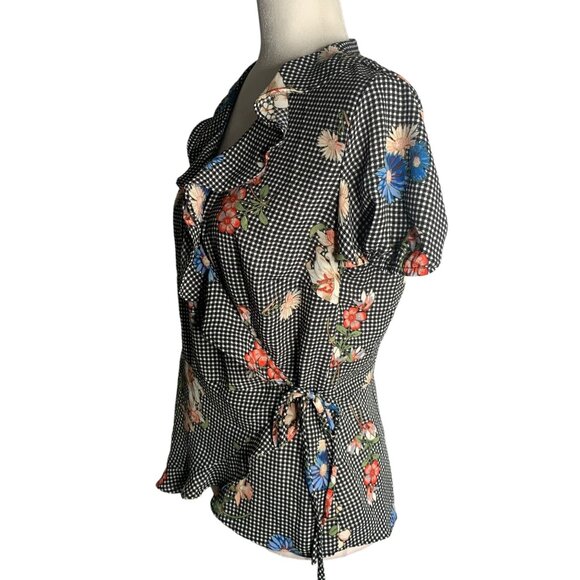 Maurices Black Checkered Wrap Top Medium Floral Ruffle Peplum Puff Sleeve - Picture 3 of 6